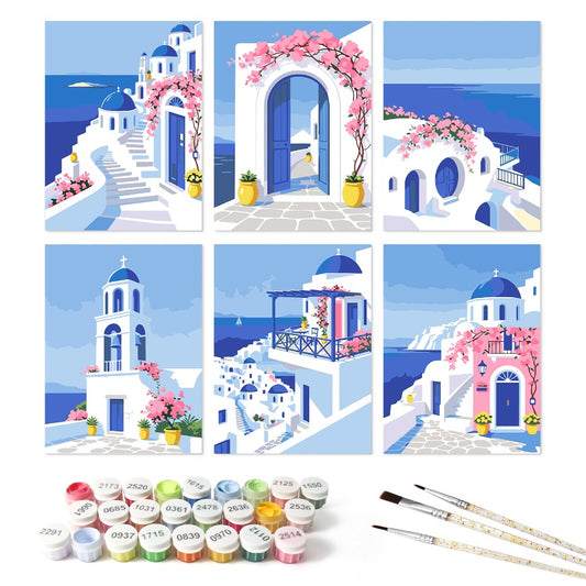 6 Wooden Board Mini Paintings – Santorini Escape - Paint by numbers
