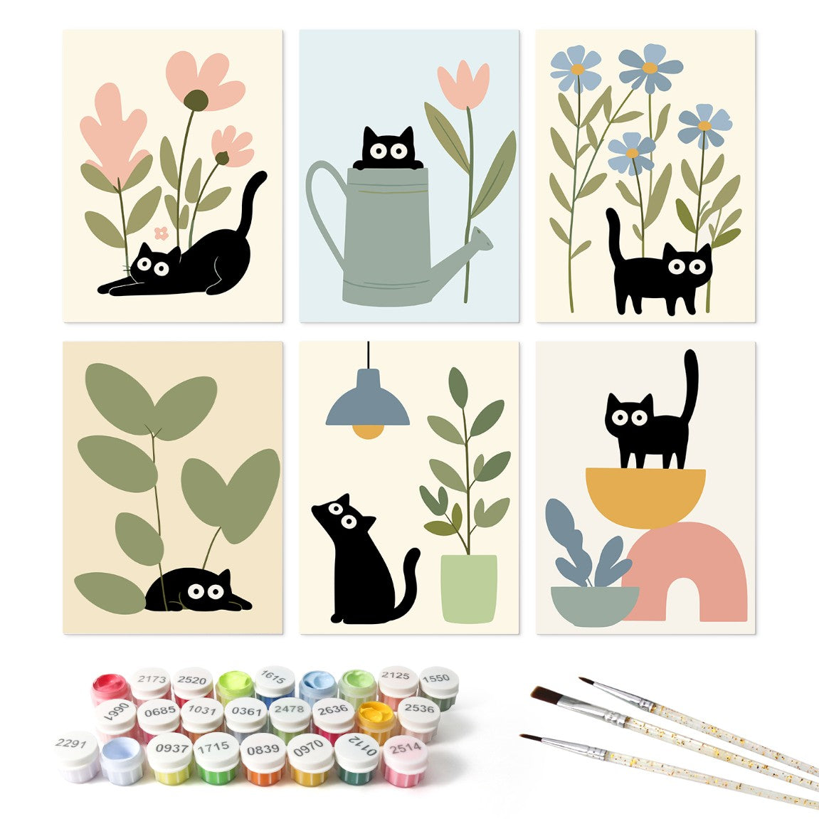 6 Wooden Board Mini Paintings – Cats Among Plants - Paint by numbers