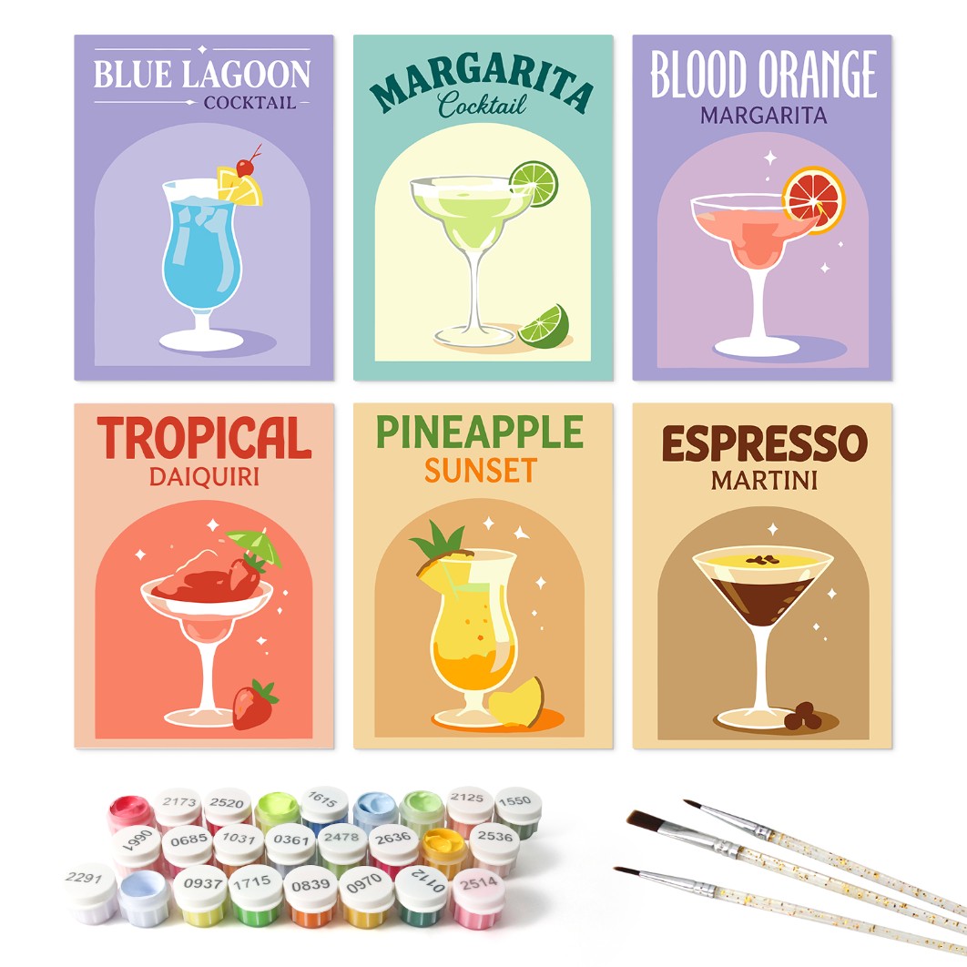 6 Wooden Board Mini Paintings – Colorful Cocktails - Paint by numbers