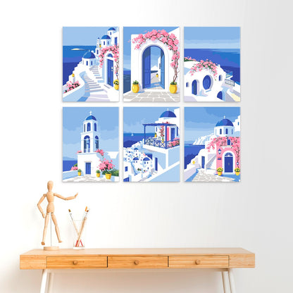 6 Wooden Board Mini Paintings – Santorini Escape
