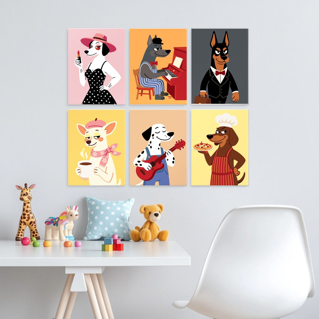 6 Wooden Board Mini Paintings – Dapper Dogs