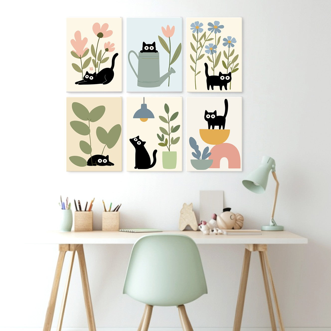 6 Wooden Board Mini Paintings – Cats Among Plants