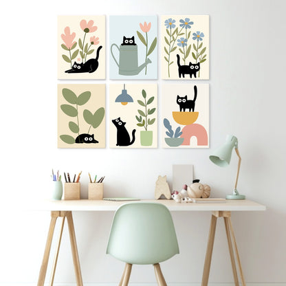 6 Wooden Board Mini Paintings – Cats Among Plants