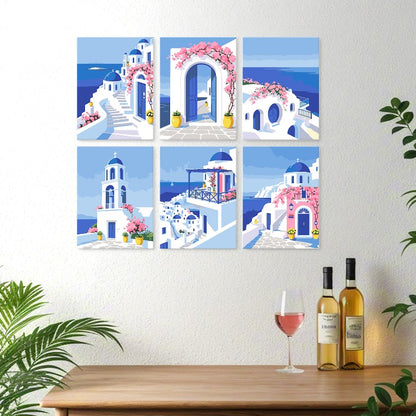 6 Wooden Board Mini Paintings – Santorini Escape