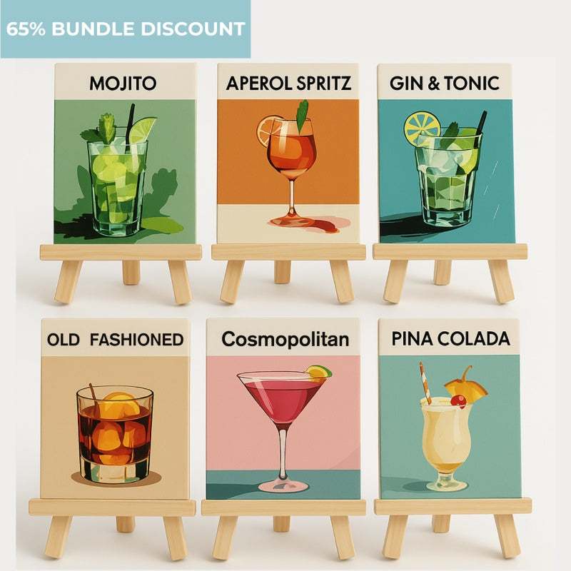 6 Mini Paint by Numbers + 6 Easels Bundle