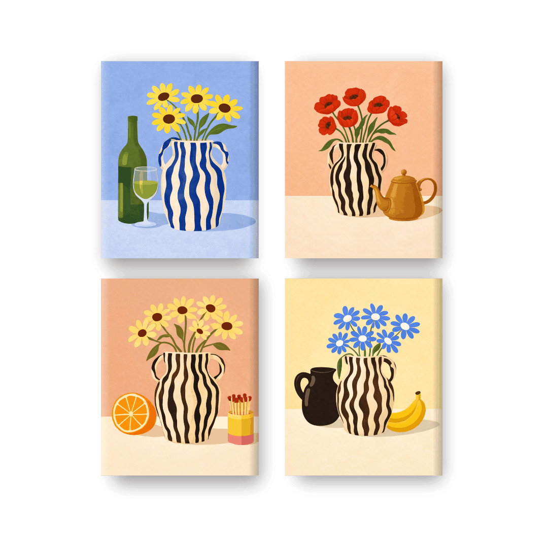 4 Mini Paintings - Blooming Vases Set- Paint by Numbers