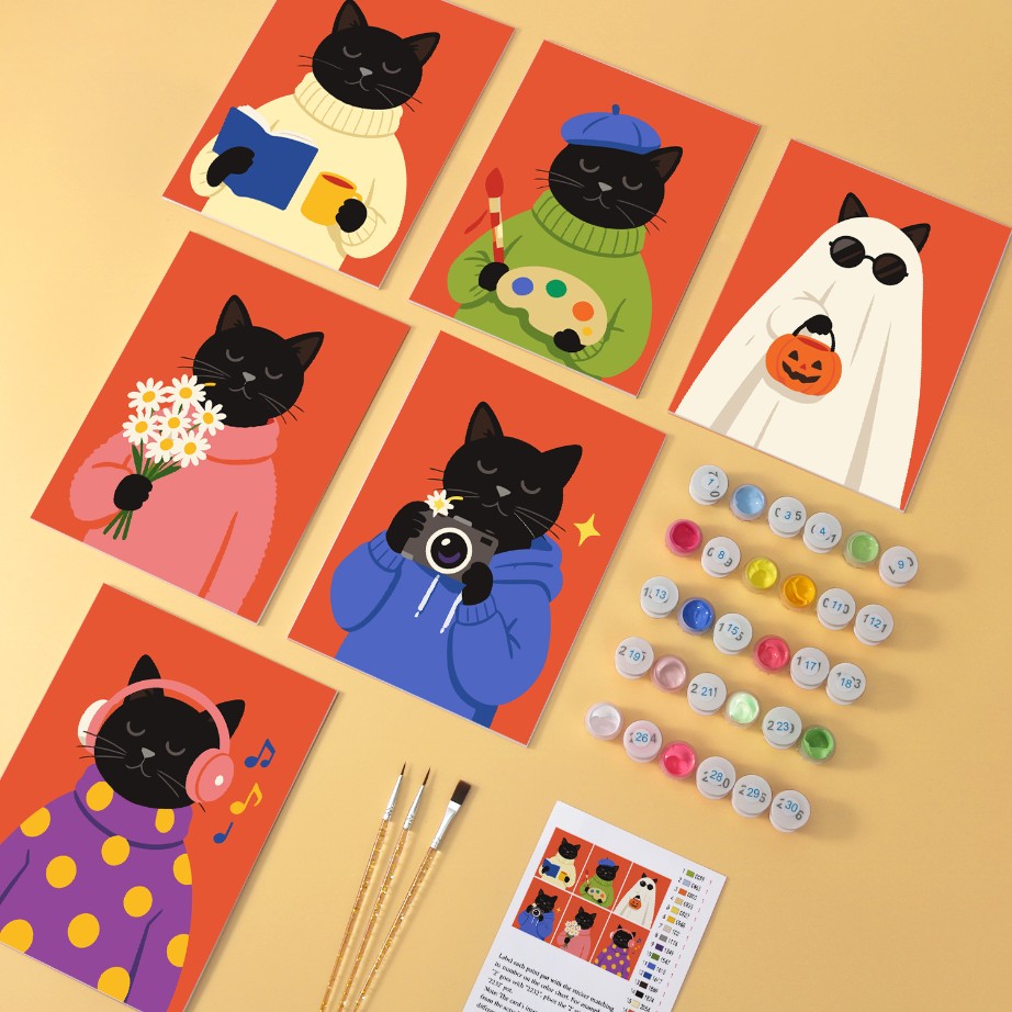 6 Wooden Board Mini Paintings – Cozy Cat Sason