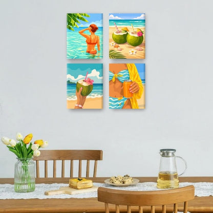4 Mini Paintings - Coconuts & Beach Set