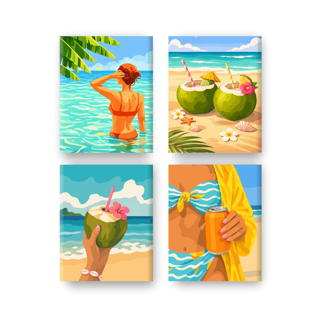4 Mini Paintings - Coconuts & Beach Set- Paint by Numbers
