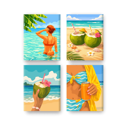 4 Mini Paintings - Coconuts & Beach Set- Paint by Numbers