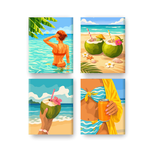 4 Mini Paintings - Coconuts & Beach Set- Paint by Numbers