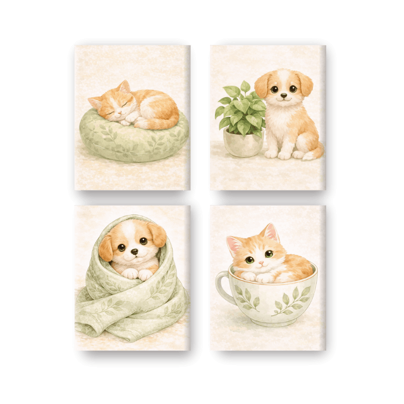 4 Mini Paintings - Cute Dog & Cat Set- Paint by Numbers