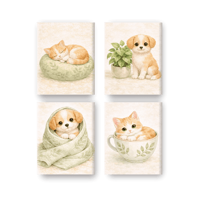 4 Mini Paintings - Cute Dog & Cat Set- Paint by Numbers