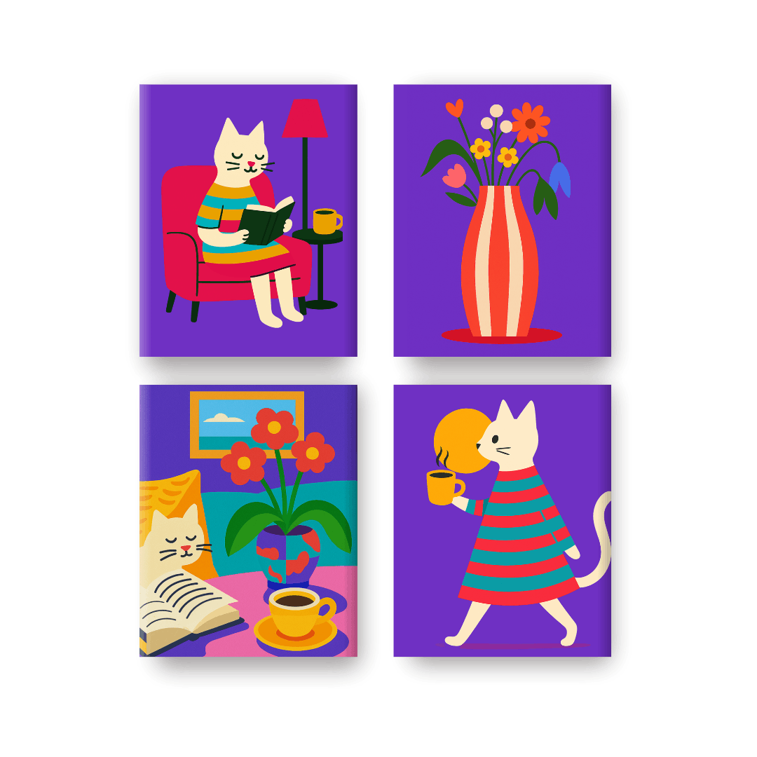 4 Mini Paintings - Cozy Cat Life Set- Paint by Numbers
