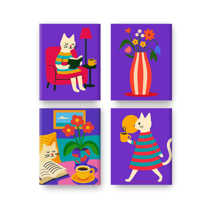 4 Mini Paintings - Cozy Cat Life Set- Paint by Numbers