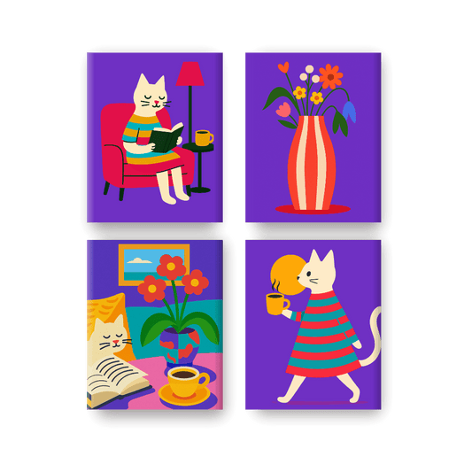 4 Mini Paintings - Cozy Cat Life Set- Paint by Numbers