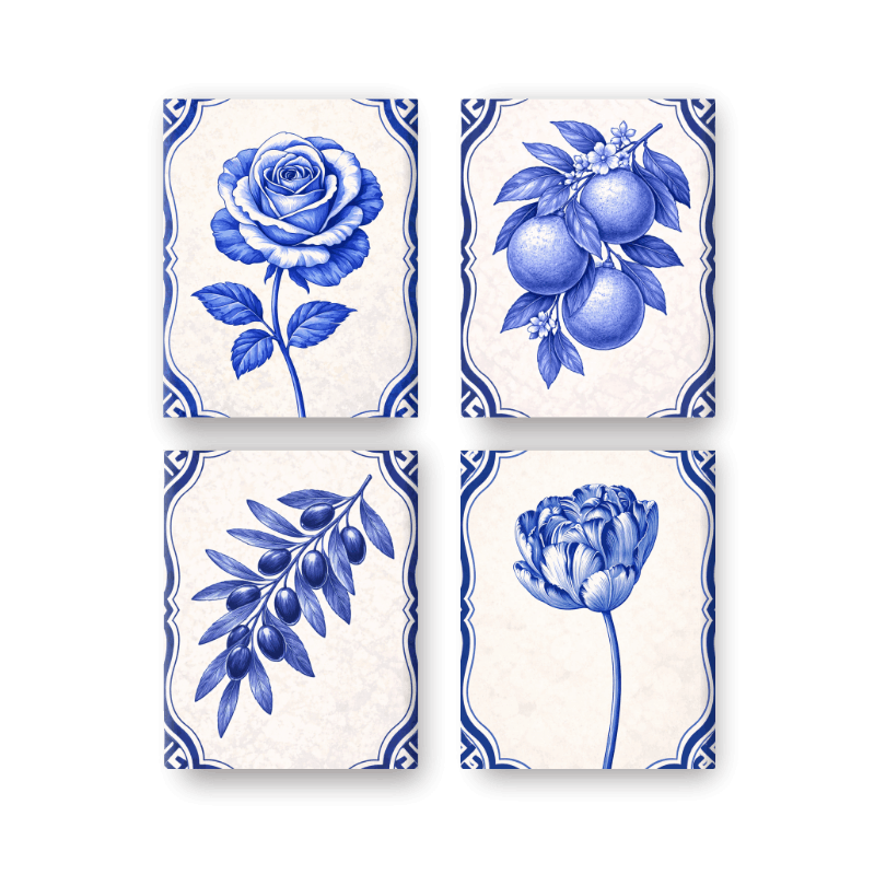 4 Mini Paintings - Delft Blue Plants Set- Paint by Numbers