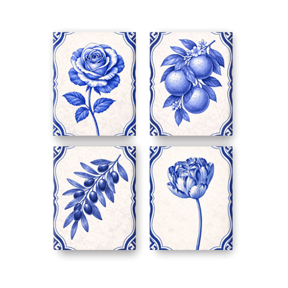 4 Mini Paintings - Delft Blue Plants Set- Paint by Numbers