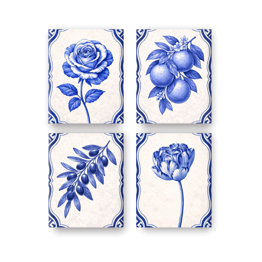 4 Mini Paintings - Delft Blue Plants Set- Paint by Numbers