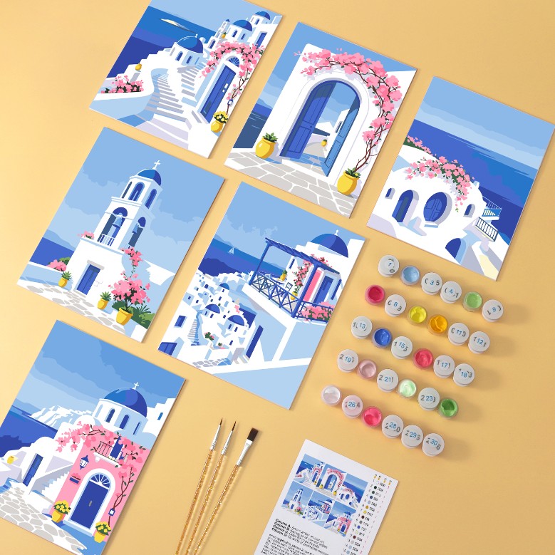 6 Wooden Board Mini Paintings – Santorini Escape