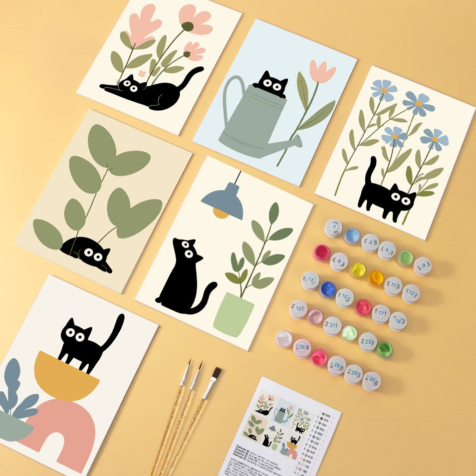 6 Wooden Board Mini Paintings – Cats Among Plants