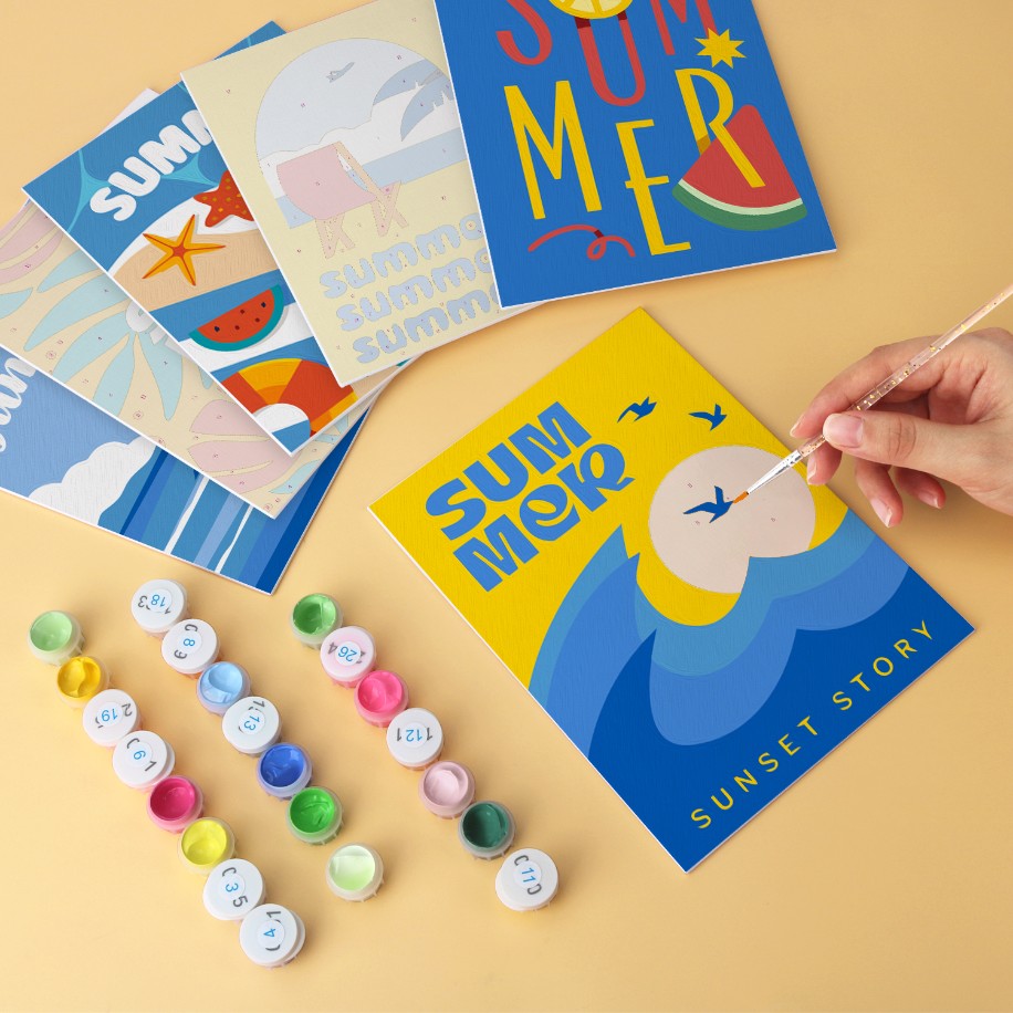 6 Wooden Board Mini Paintings – Summer Sunset Story