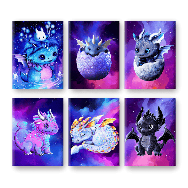 6 Mini Paintings | Little Dragons Set - By Tiny Tami-Paint by numbers