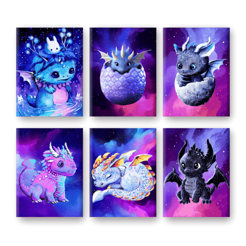 Paint by numbers - 6 Mini Paintings | Little Dragons Set - By Tiny Tami