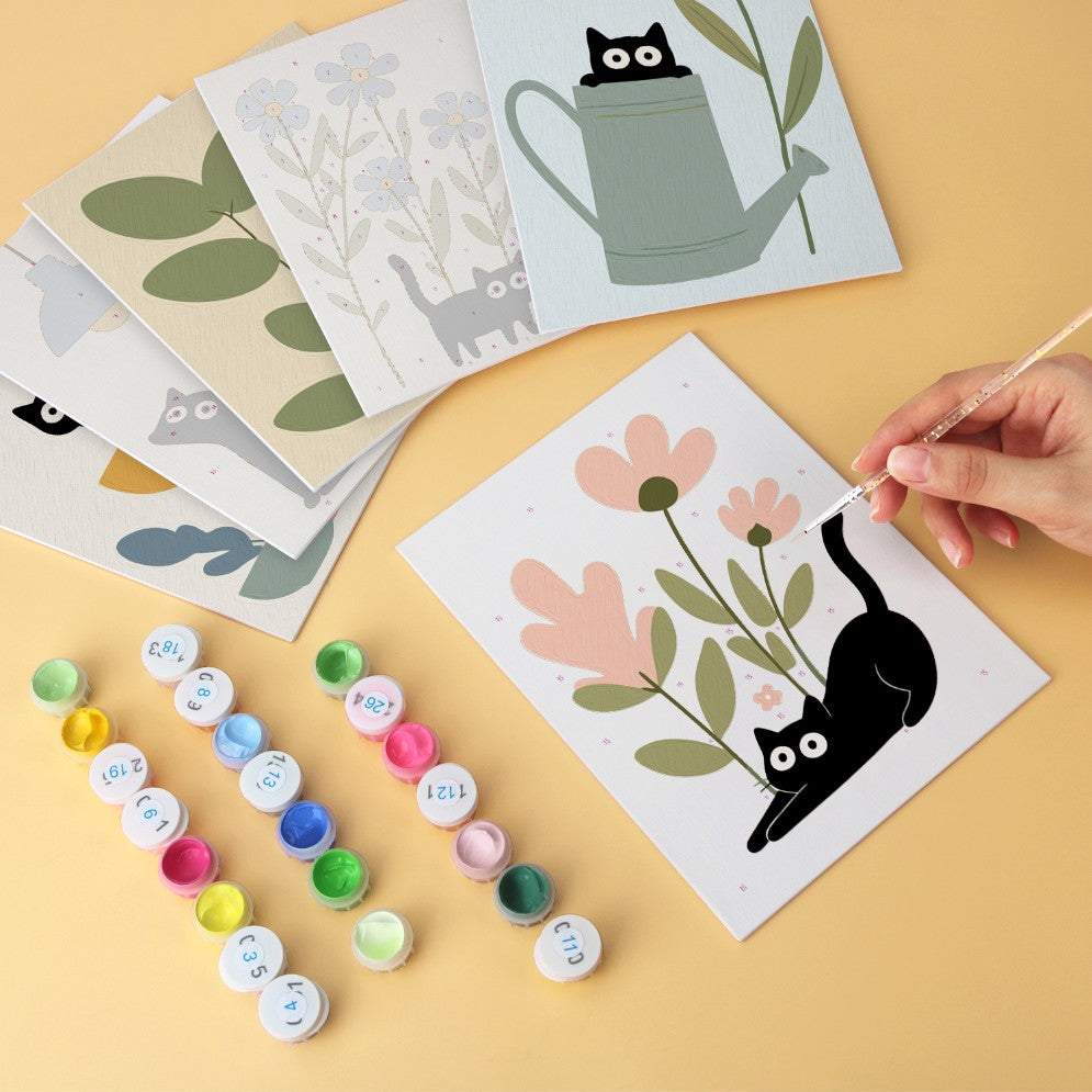 6 Wooden Board Mini Paintings – Cats Among Plants