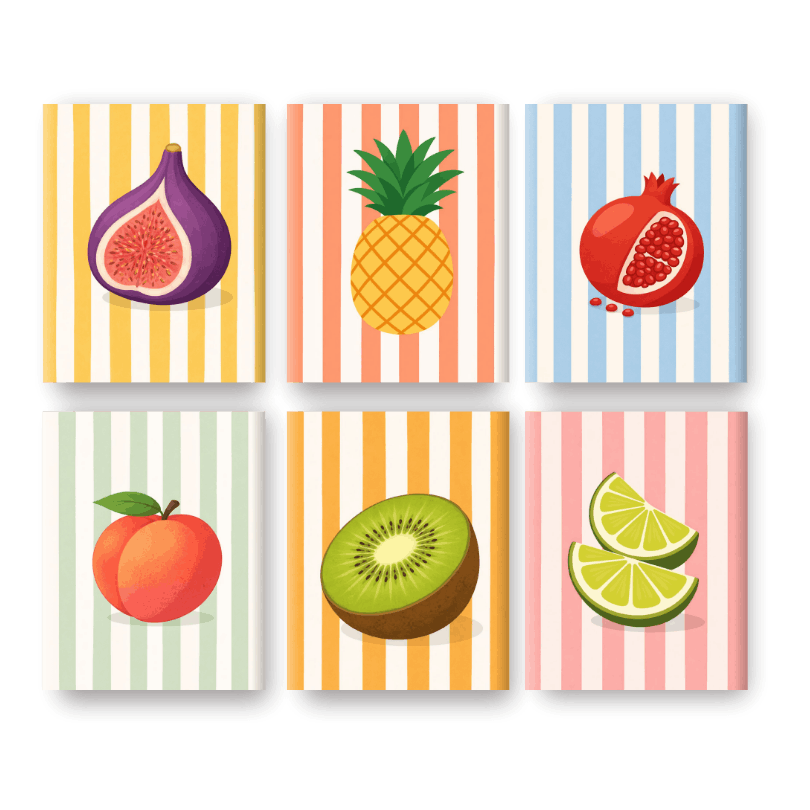 6 Mini Paintings - Striped Fruits Set- Paint by Numbers