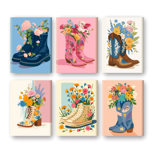 6 Mini Paintings - Flower Boots Set- Paint by Numbers