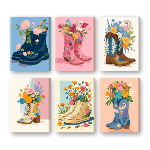 6 Mini Paintings - Flower Boots Set