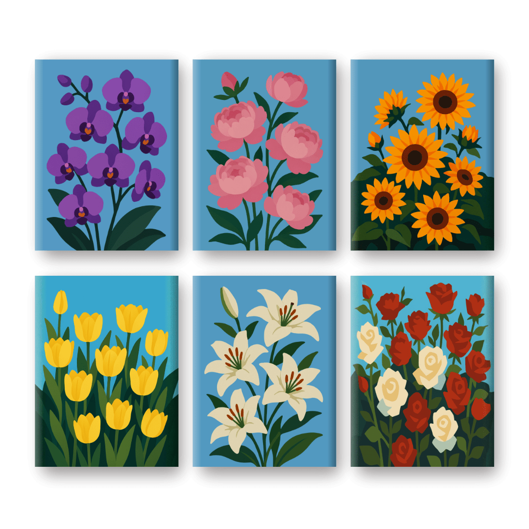 6 Mini Paintings - Beautiful Flowers Set- Paint by Numbers