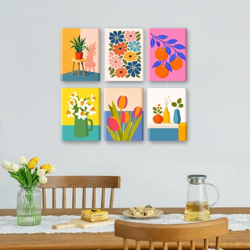 6 Mini Paintings - Botanical Flowers & Plants Set