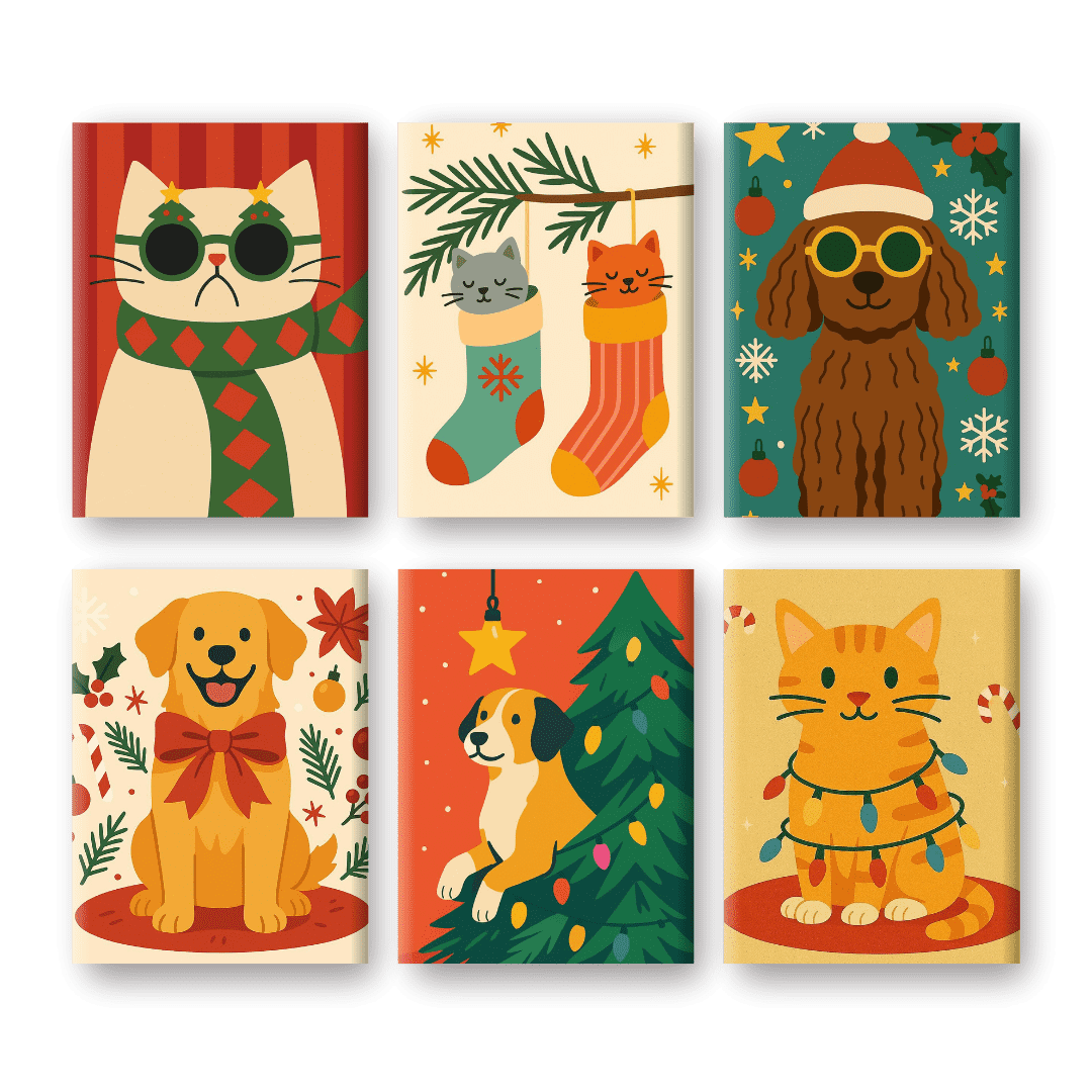 6 Mini Paintings - Cats & Dogs Christmas Set- Paint by Numbers