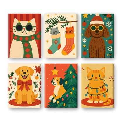 6 Mini Paintings - Cats & Dogs Christmas Set- Paint by Numbers