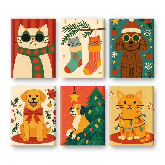 6 Mini Paintings - Cats & Dogs Christmas Set- Paint by Numbers