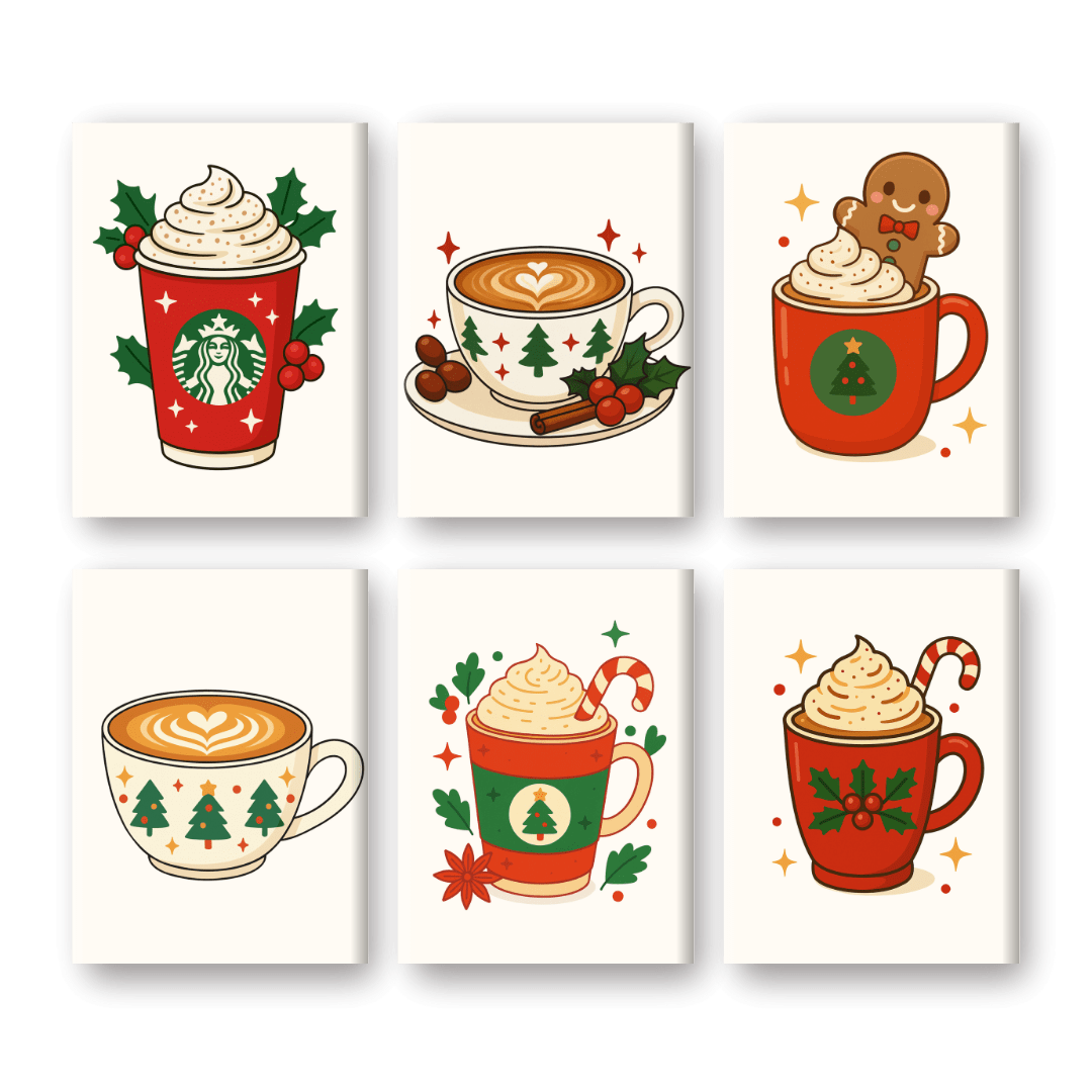 6 Mini Paintings - Christmas Coffee Set- Paint by Numbers