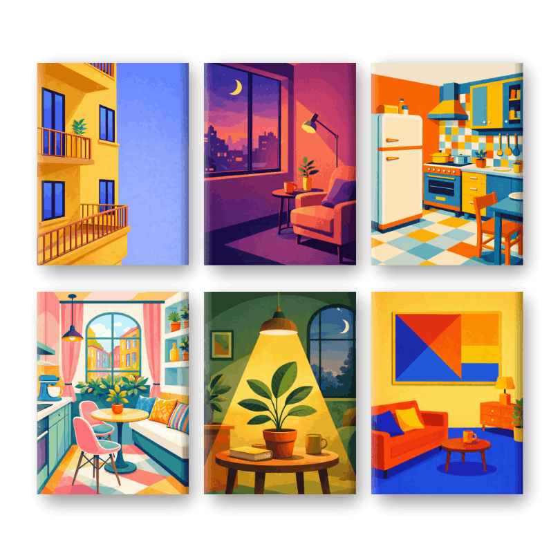 6 Mini Paintings - City Apartments Set- Paint by Numbers