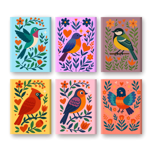 6 Mini Paintings - Colorful Birds Set