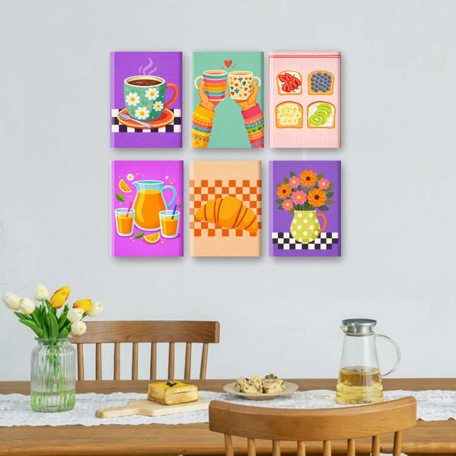 6 Mini Paintings - Colorful Breakfast Set