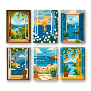 6 Mini Paintings - Colorful Windows Set