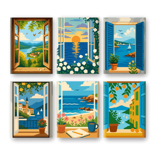 6 Mini Paintings - Colorful Windows Set