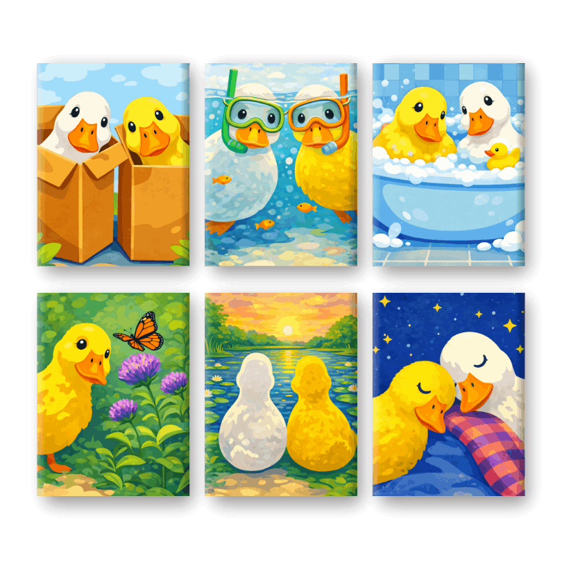 6 Mini Paintings - Cute Ducks Set- Paint by Numbers