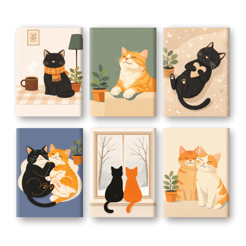 6 Mini Paintings - Cute House Cats Set- Paint by Numbers