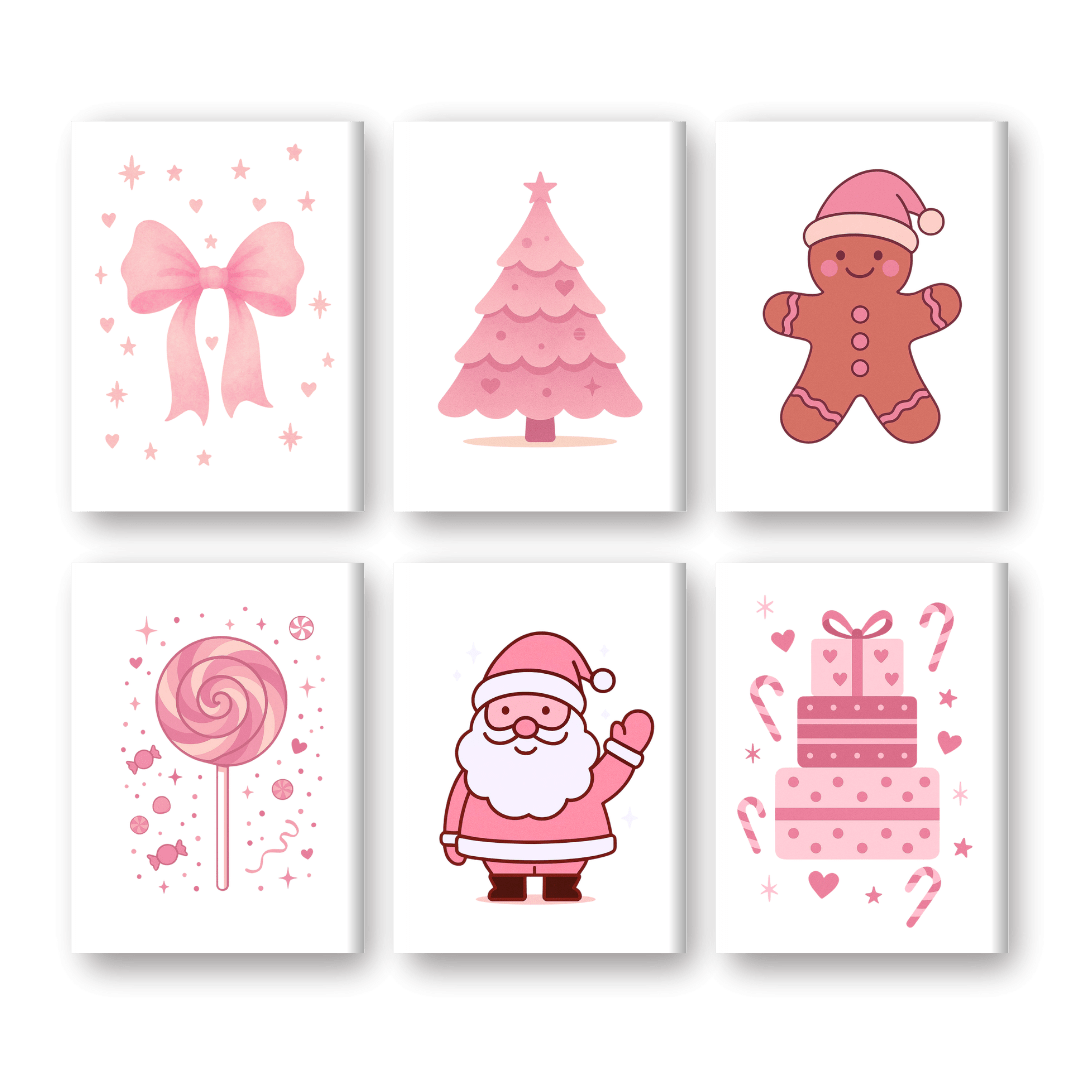 6 Mini Paintings - Cute Pink Christmas Set- Paint by Numbers