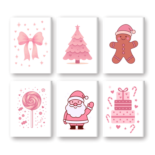 6 Mini Paintings - Cute Pink Christmas Set- Paint by Numbers