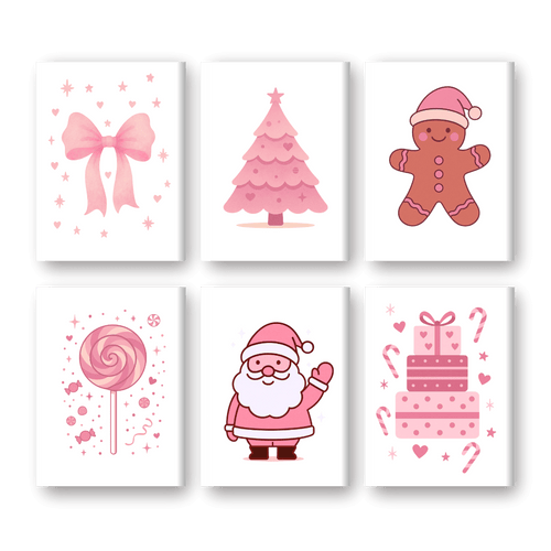 6 Mini Paintings - Cute Pink Christmas Set