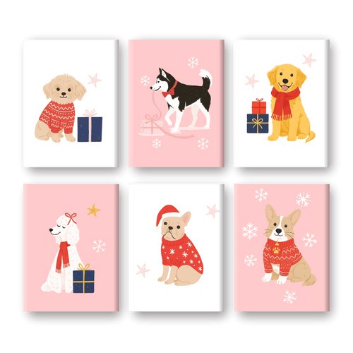 6 Mini Paintings - Cute Winter Dogs Set