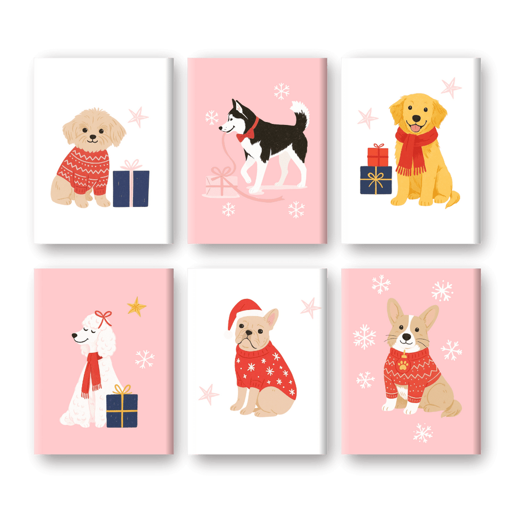 6 Mini Paintings   Cute Winter Dogs Set